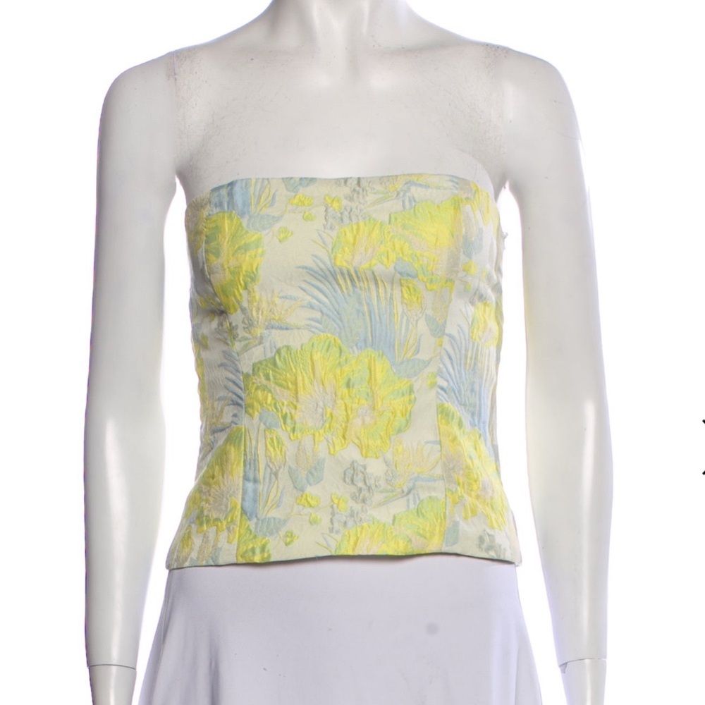 Reformation Yellow and Blue Strapless Floral Crop Top